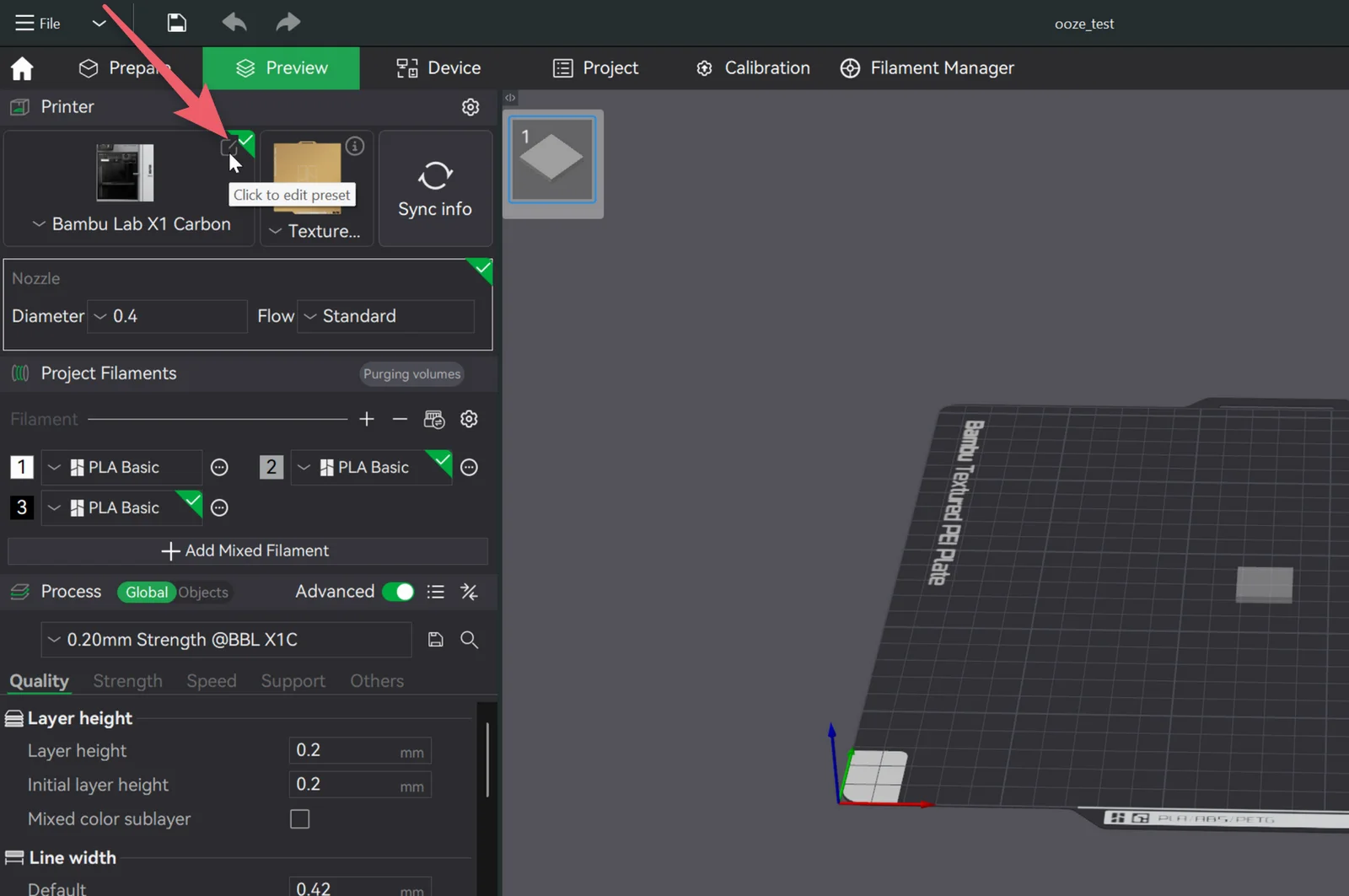 Bambu Studio with the cursor on the edit preset icon next to the Bambu Lab X1 Carbon printer name