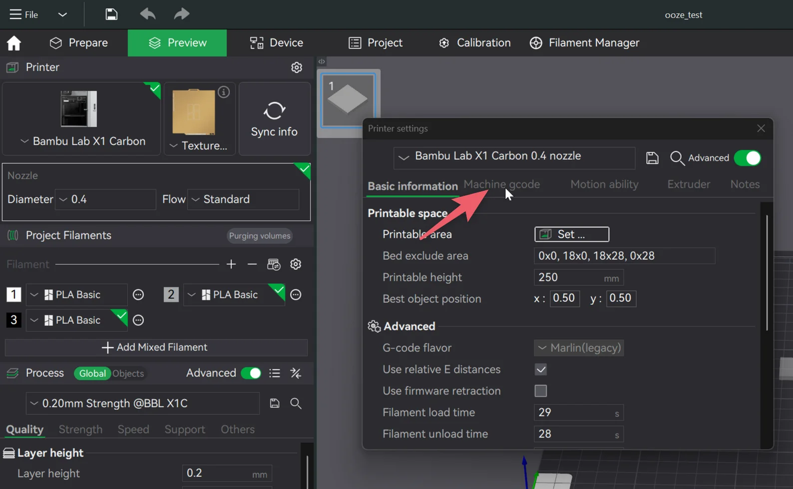 Printer settings window in Bambu Studio with the Machine gcode tab next to Basic information