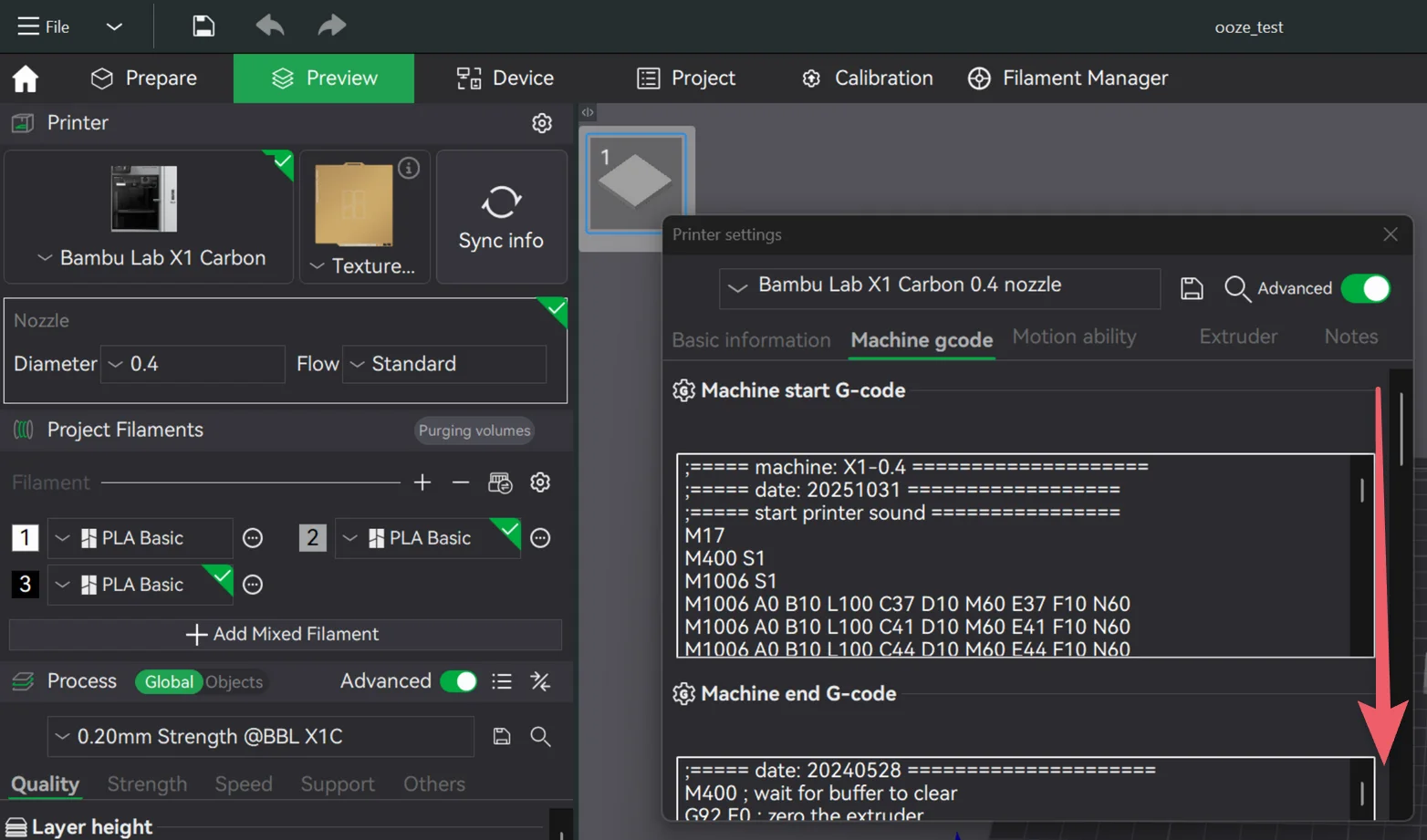 Machine gcode panel in Bambu Studio showing the start and end G-code sections with the scrollbar partway down