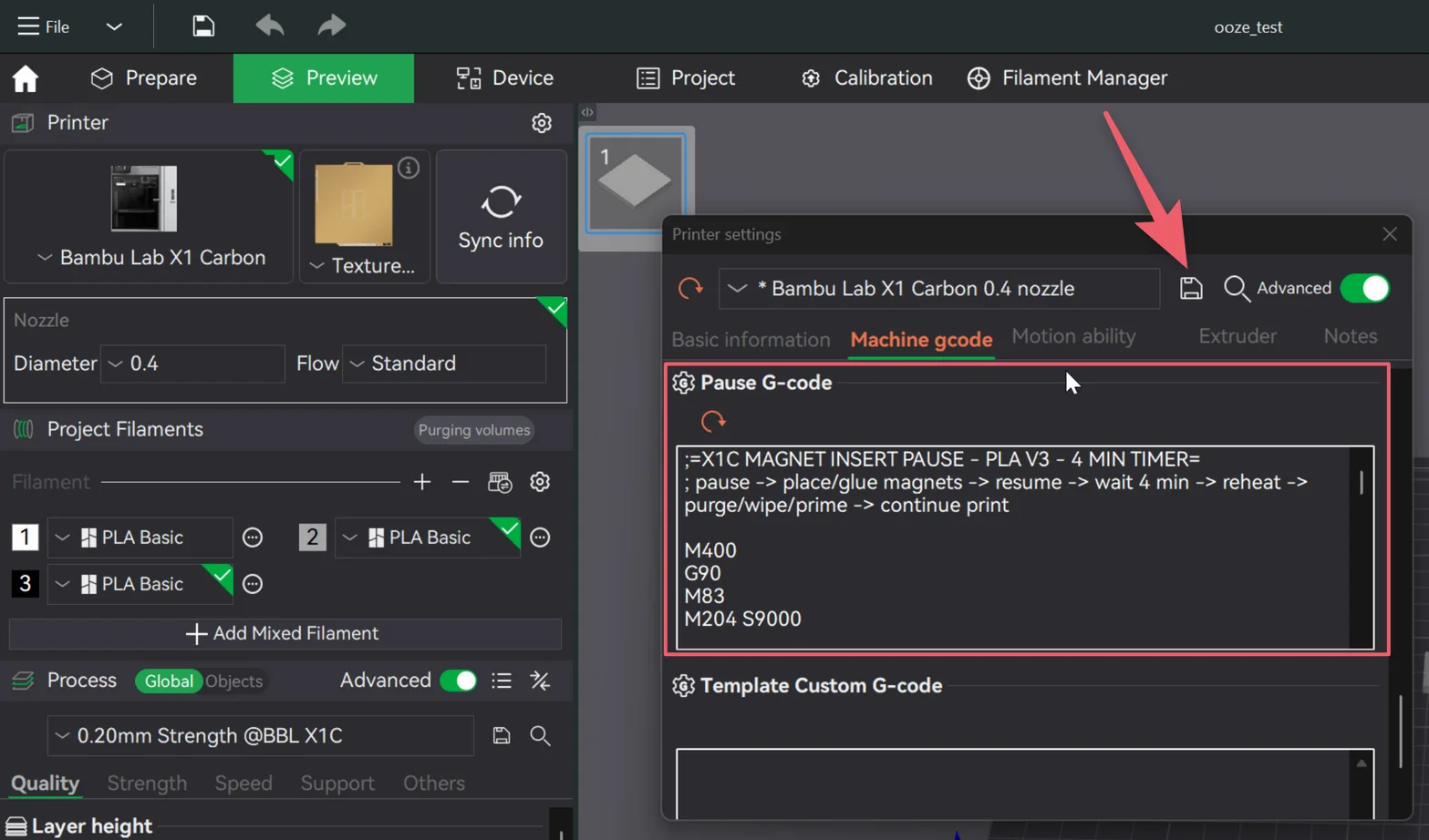 Pause G-code box with the custom magnet insert routine pasted in and an arrow pointing at the save preset button