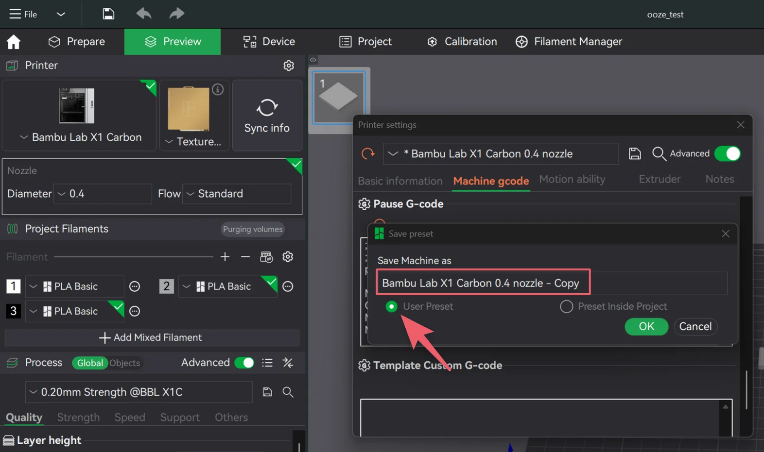 Save preset dialog in Bambu Studio with User Preset selected and the name Bambu Lab X1 Carbon 0.4 nozzle Copy