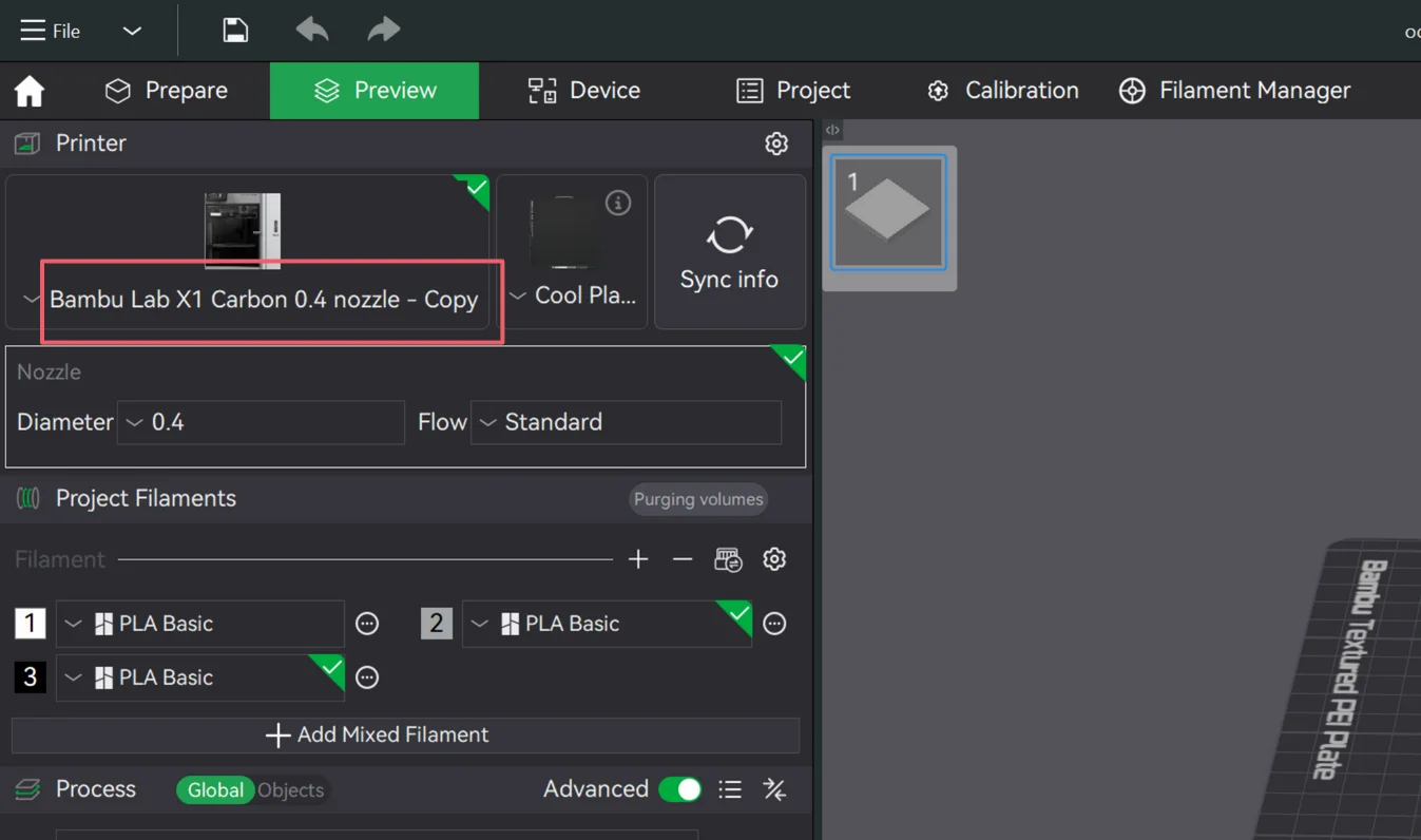 Bambu Studio printer panel showing the copied preset as the active printer profile