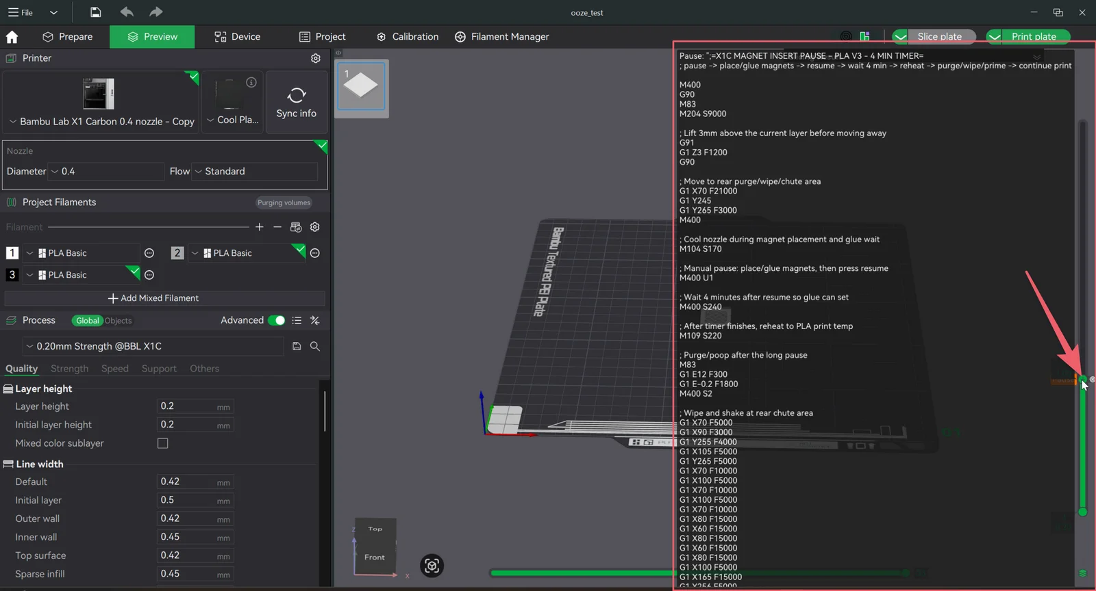 Sliced preview in Bambu Studio with a pause marker on the layer slider and a tooltip showing the custom pause G-code
