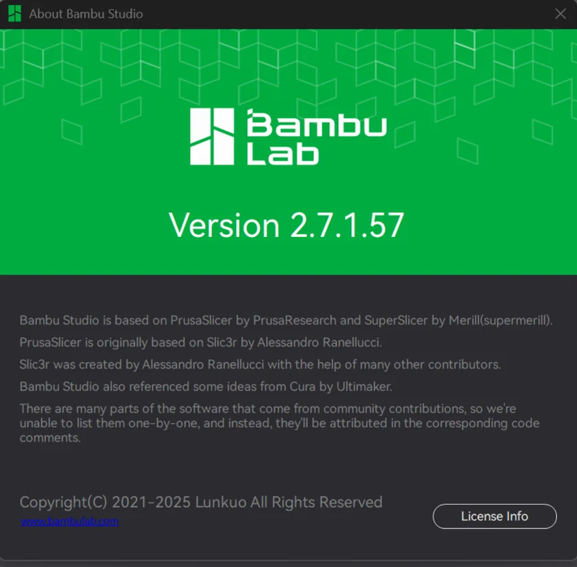 About Bambu Studio window showing version 2.7.1.57