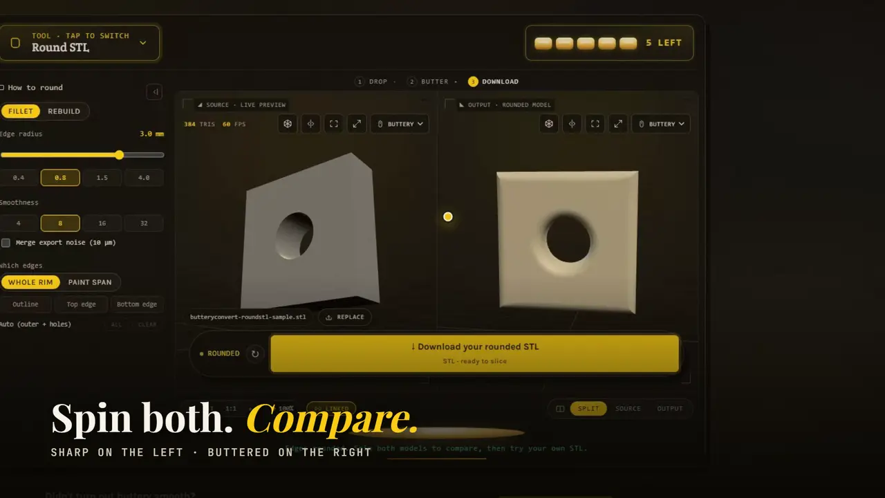 The Round STL studio in dark mode: a sharp-edged plate on the left turntable and the same plate with rounded edges on the right.